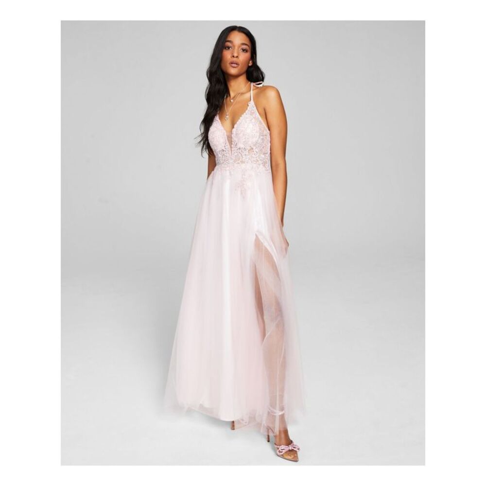 BLONDIE Womens Gown Full-Length Dress Pink Mesh Evening Lined Gauzy Juniors 3